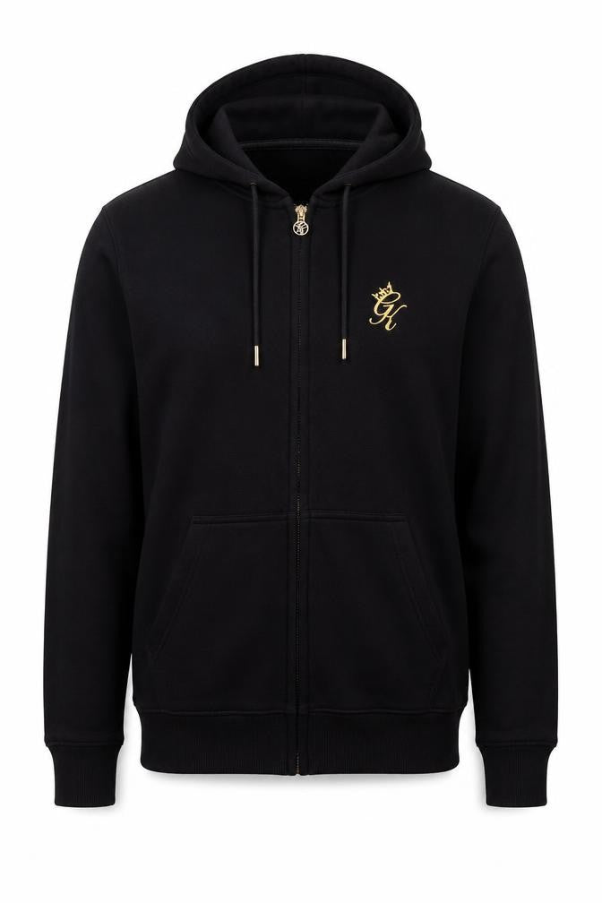 Front view of Gym King Men's Black Full Zip Hoodie, size M, Regular Fit