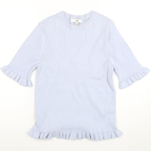 Marks and Spencer Women's Blue Ruffle Knit Short Sleeve Top M
