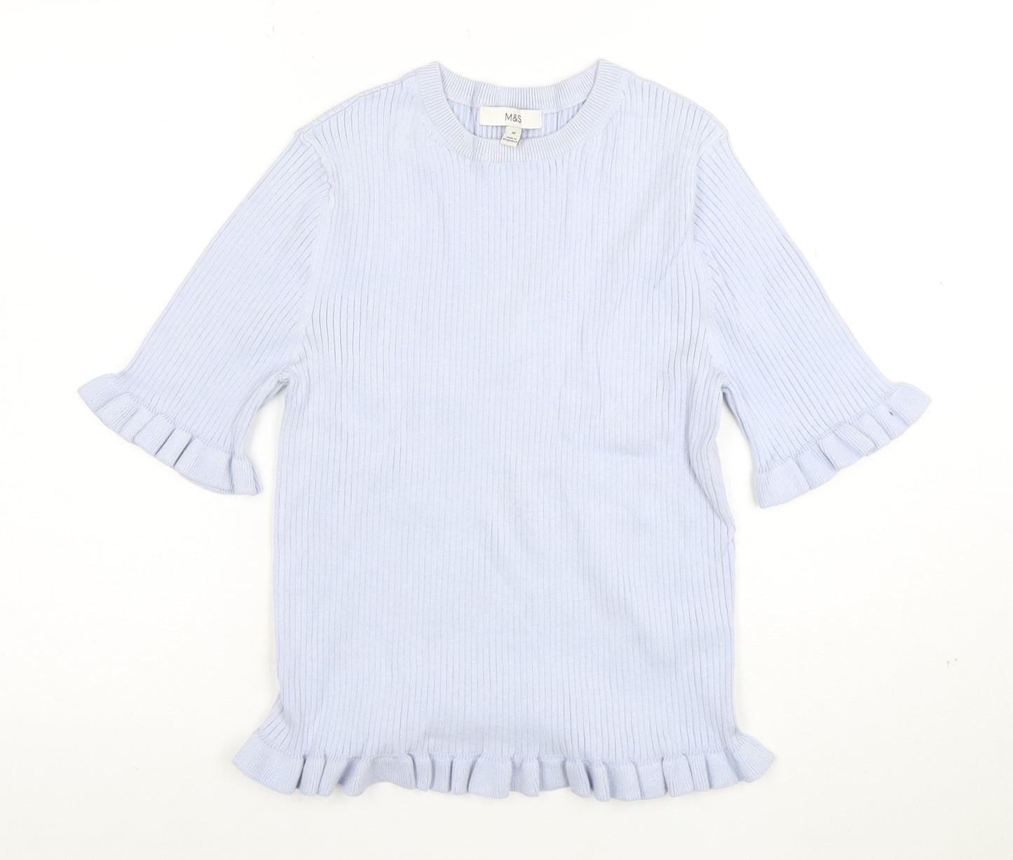 Marks and Spencer Women's Blue Ruffle Knit Short Sleeve Top M