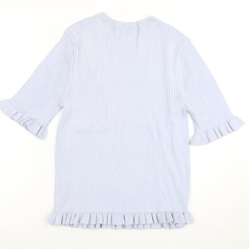 Marks and Spencer Women's Blue Ruffle Knit Short Sleeve Top M