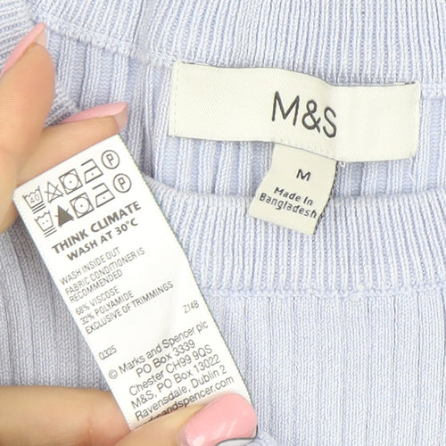 Marks and Spencer Women's Blue Ruffle Knit Short Sleeve Top M