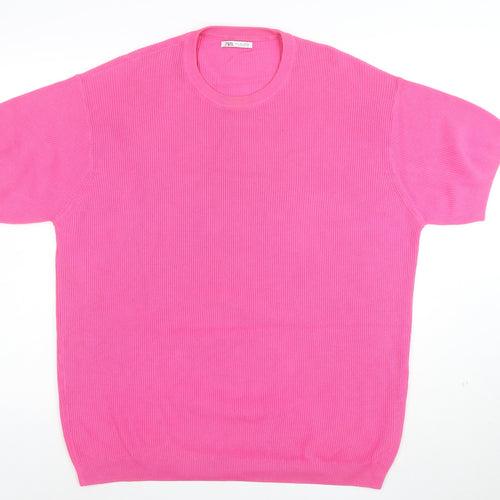 ZARA Women Pink Cotton Knit Short Sleeve T-Shirt Size L