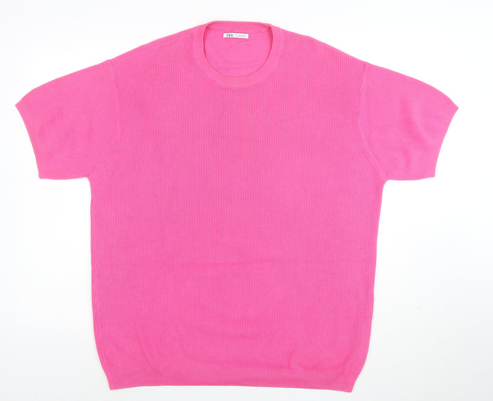 ZARA Women Pink Cotton Knit Short Sleeve T-Shirt Size L