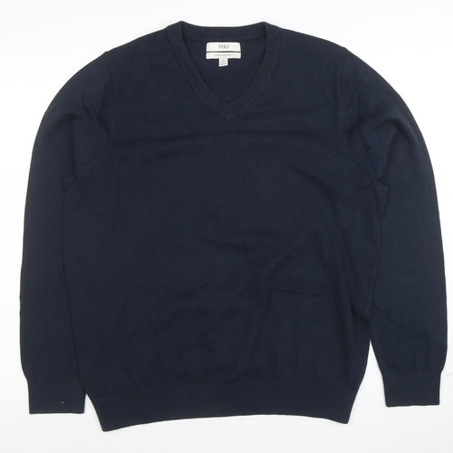 Marks and Spencer Men's Blue Cotton V-Neck Jumper Size L