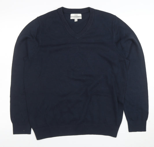 Marks and Spencer Men's Blue Cotton V-Neck Jumper Size L