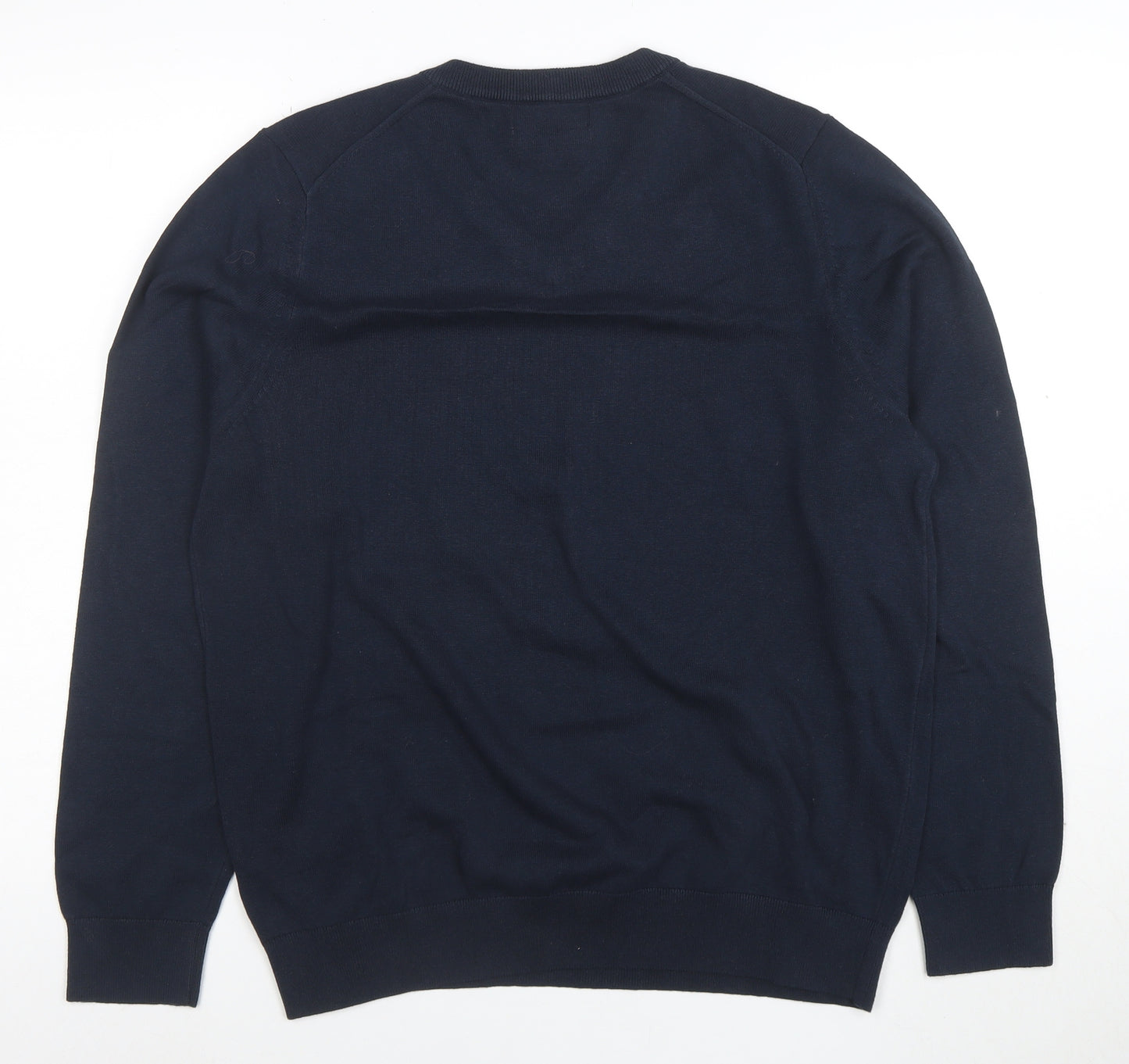 Marks and Spencer Men's Blue Cotton V-Neck Jumper Size L