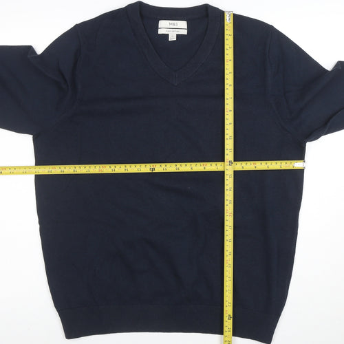 Marks and Spencer Men's Blue Cotton V-Neck Jumper Size L