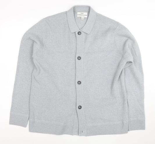 Marks and Spencer Men's Grey Cotton Blend Collared Cardigan XL