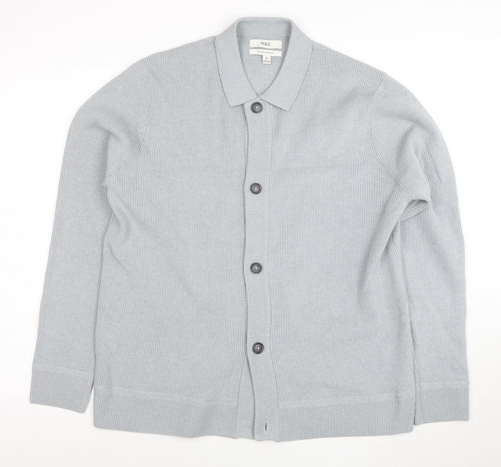 Marks and Spencer Men's Grey Cotton Blend Collared Cardigan XL