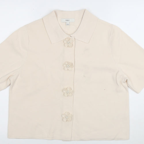 Marks and Spencer Women Beige L Cardigan Short Sleeve Flower Button Knit