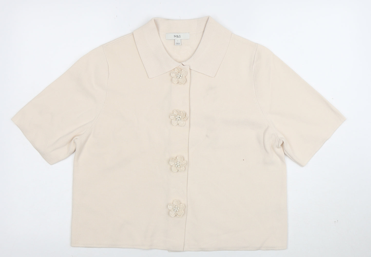 Marks and Spencer Women Beige L Cardigan Short Sleeve Flower Button Knit