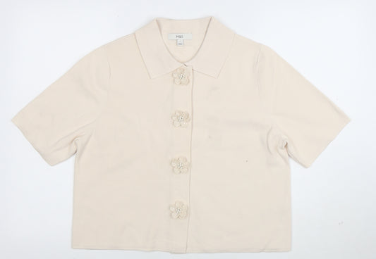 Marks and Spencer Women Beige L Cardigan Short Sleeve Flower Button Knit