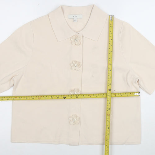 Marks and Spencer Women Beige L Cardigan Short Sleeve Flower Button Knit