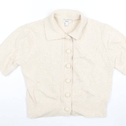 Marks and Spencer Women Ivory Short Sleeve Collared Cardigan S