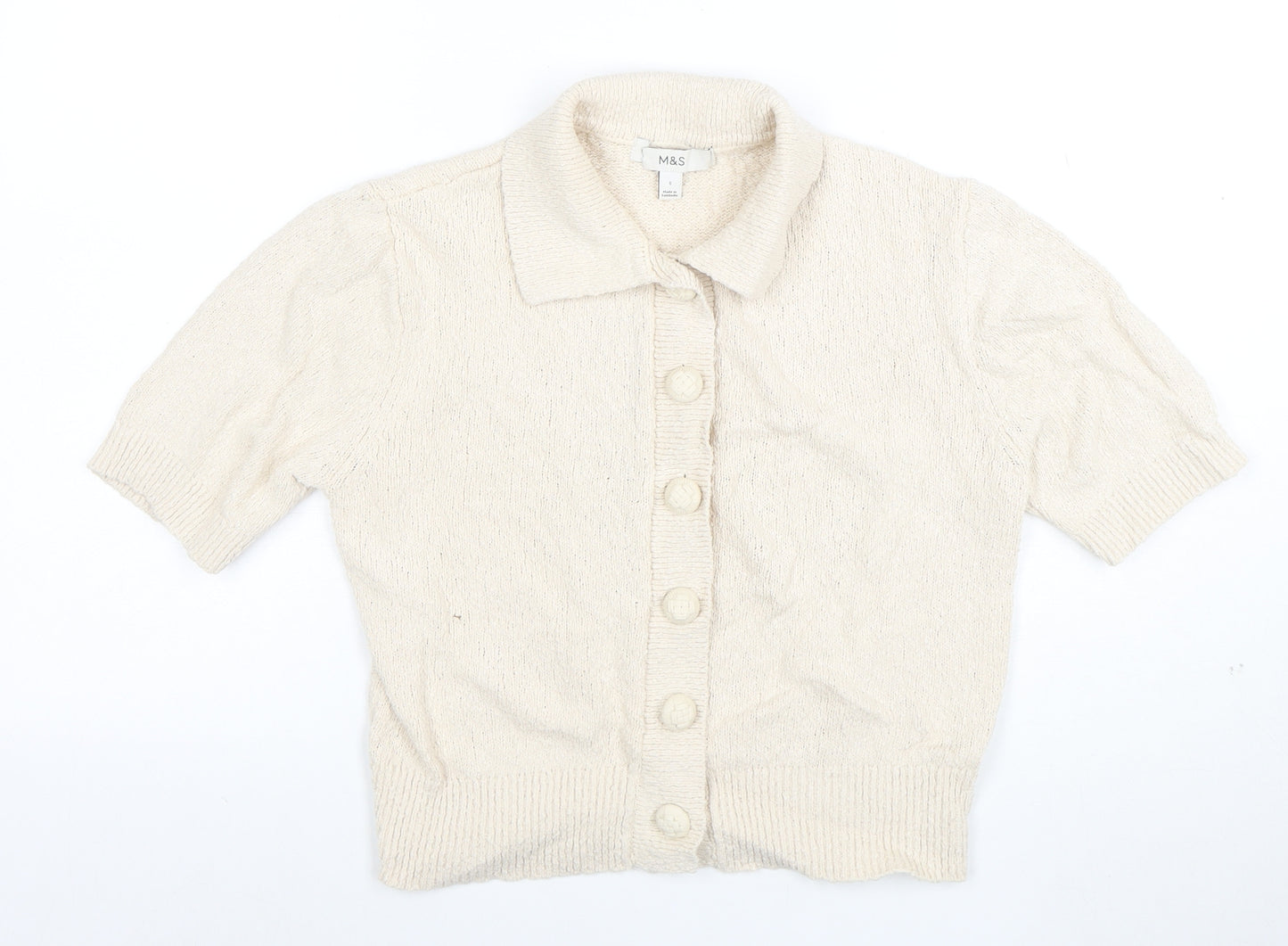 Marks and Spencer Women Ivory Short Sleeve Collared Cardigan S