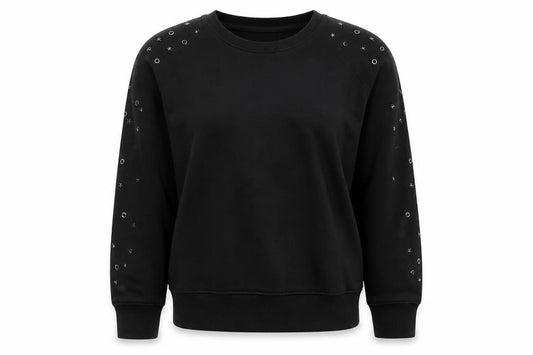 Front view of Hush women’s black studded relaxed pullover sweatshirt, size L