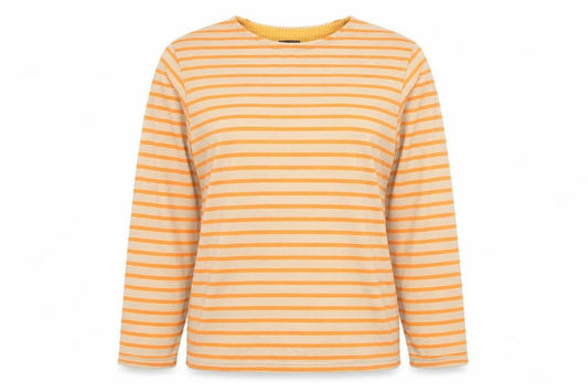 Front view of FieldCore Women's Beige Orange Striped Pullover Sweatshirt, size M