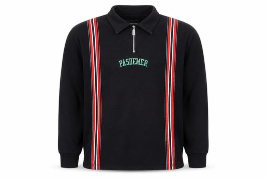 Front view of PASDEMER Men's Black L 1/4 Zip Collared Striped Sweatshirt