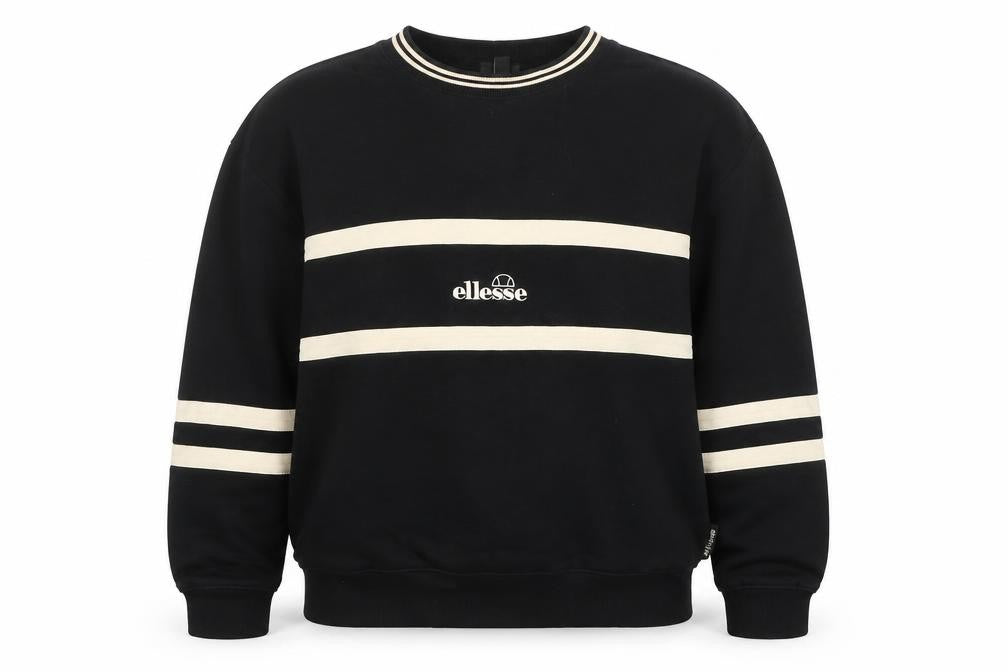 Front view of Ellesse Women Black Beige Stripe Crew Neck Sweatshirt UK14