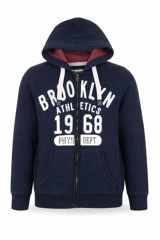 Front view of TVOE Men’s Blue Full Zip Hoodie S Brooklyn Athletics 1968 Graphic