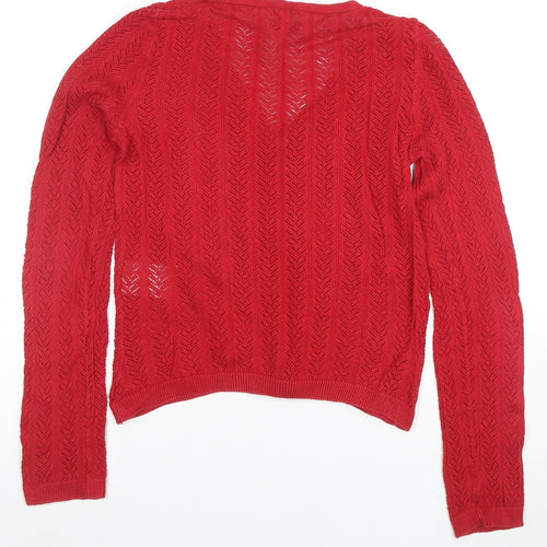 Joe Browns Women Red V-Neck Open-Knit Button Cardigan Size 8