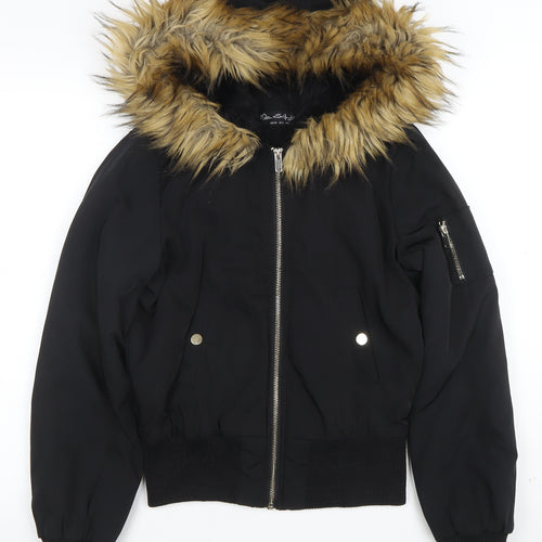 Miss Selfridge Women's Black Faux Fur Hooded Bomber Jacket UK 8