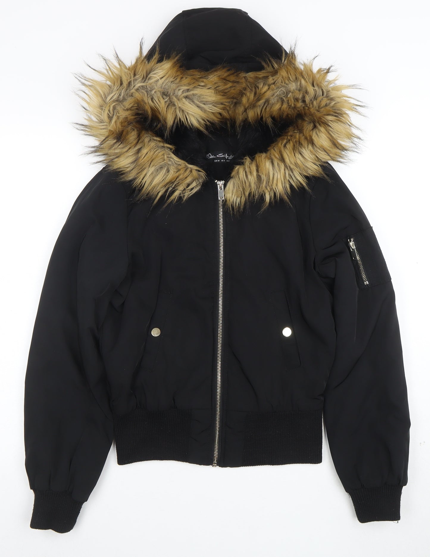 Miss Selfridge Women's Black Faux Fur Hooded Bomber Jacket UK 8