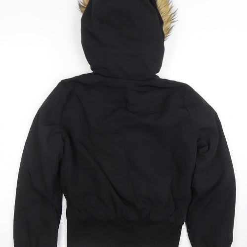 Miss Selfridge Women's Black Faux Fur Hooded Bomber Jacket UK 8