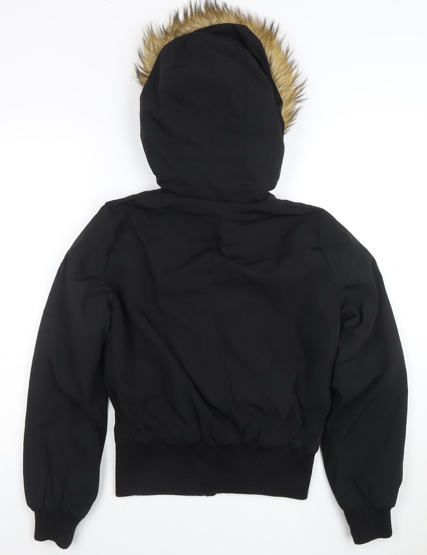 Miss Selfridge Women's Black Faux Fur Hooded Bomber Jacket UK 8