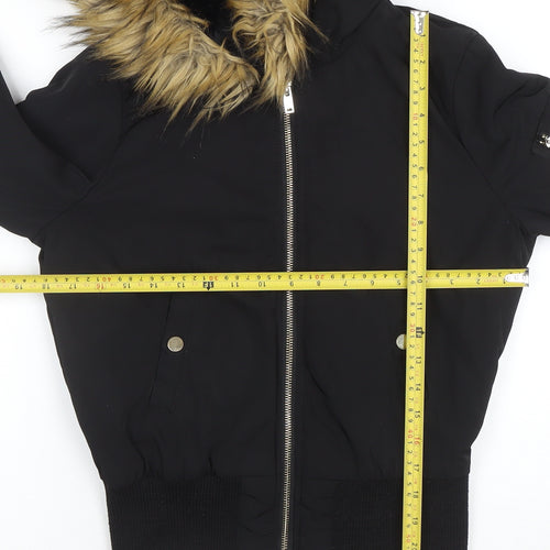Miss Selfridge Women's Black Faux Fur Hooded Bomber Jacket UK 8