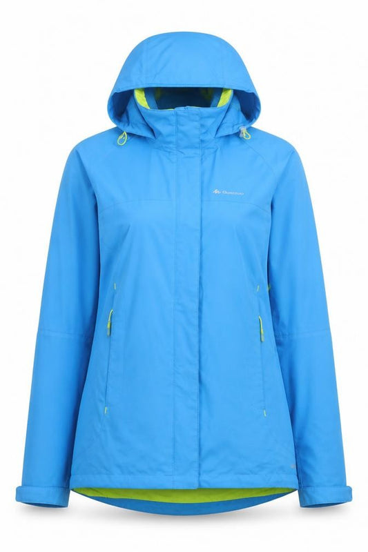 Front view of Quechua Women's Blue Waterproof Hooded Jacket XS Outdoor Rain Coat