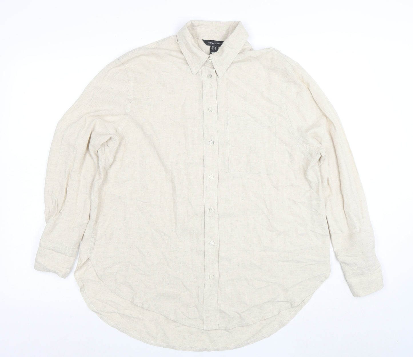 New Look Women Beige Long Sleeve Linen Button-Up Shirt Size 8