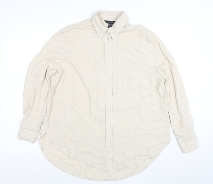 New Look Women Beige Long Sleeve Linen Button-Up Shirt Size 8