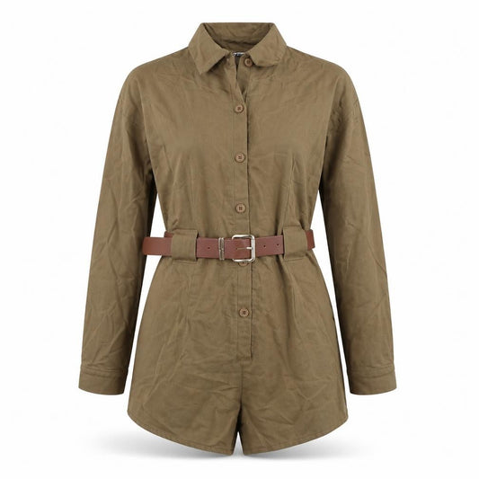 PrettyLittleThing Women’s Khaki Belted Long Sleeve Playsuit UK 12