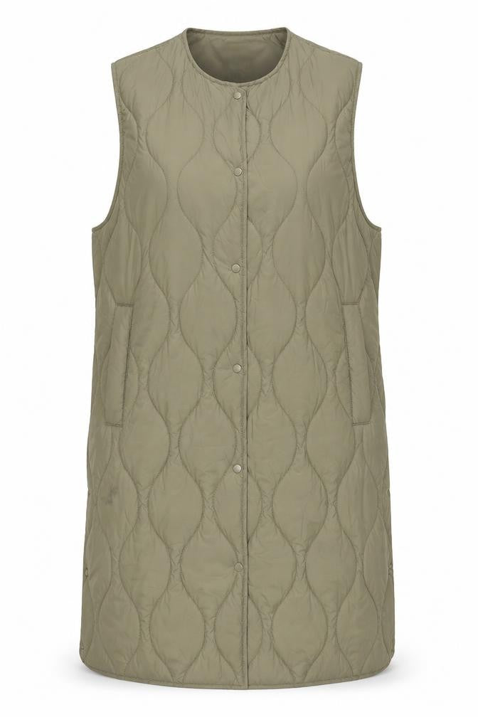 Front view of H&M women’s green quilted long padded waistcoat, size M