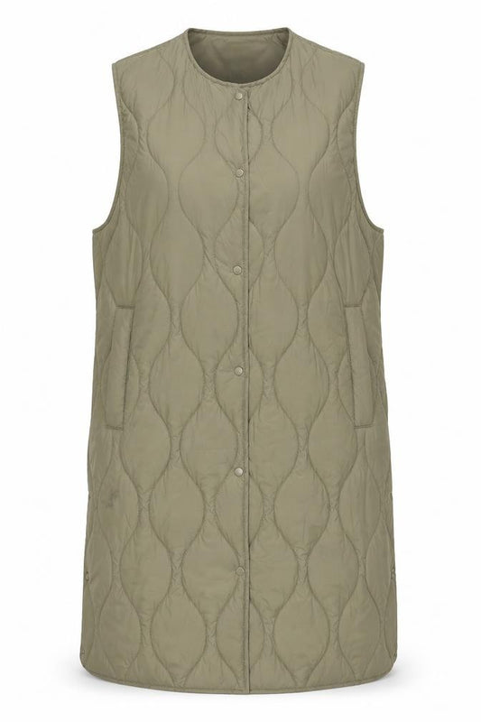 Front view of H&M women’s green quilted long padded waistcoat, size M