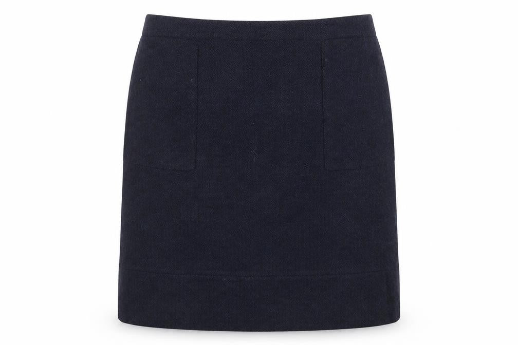 Front view of Jaeger Women Blue Wool Blend Herringbone Pencil Skirt, size 14