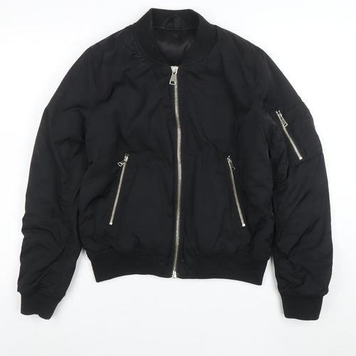 Topshop Women's Black Bomber Jacket Size 12 Lined Zip Casual