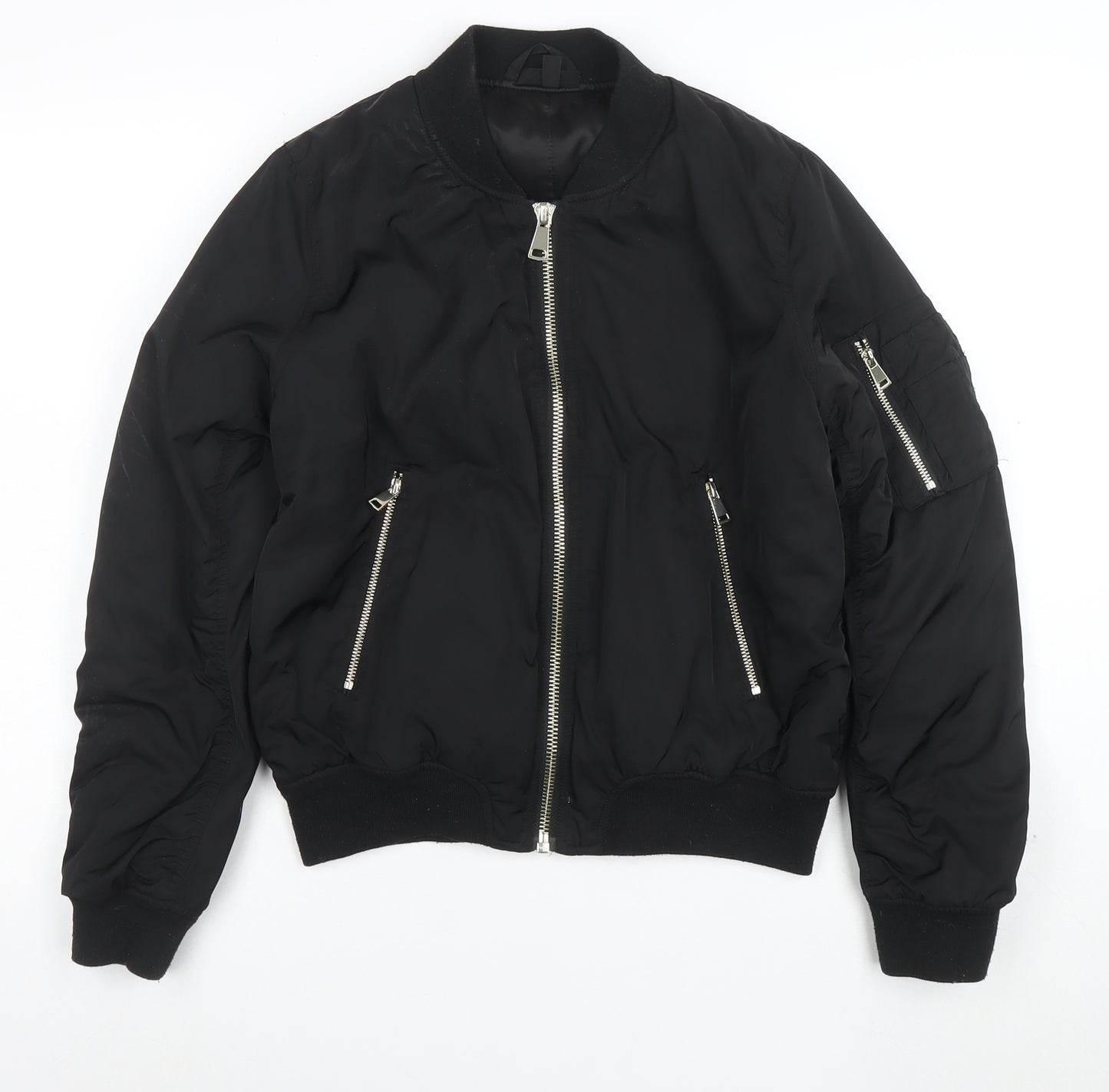 Topshop Women's Black Bomber Jacket Size 12 Lined Zip Casual