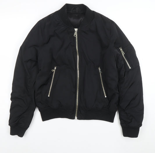 Topshop Women's Black Bomber Jacket Size 12 Lined Zip Casual