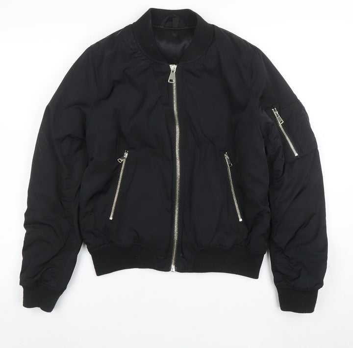 Topshop Women's Black Bomber Jacket Size 12 Lined Zip Casual