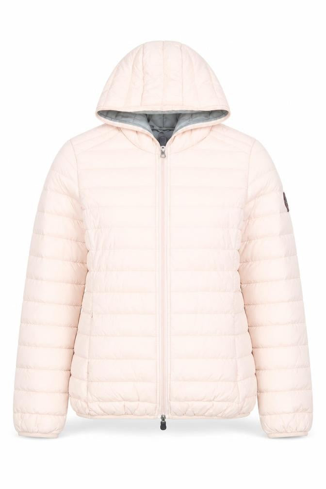 Front view of Geographical Norway Women's Pink Hooded Puffer Jacket, size 14