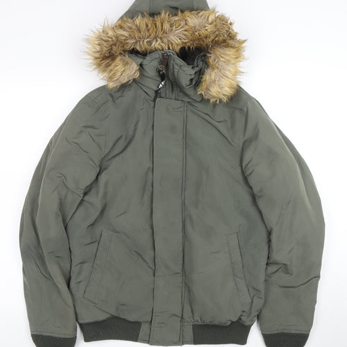 Pull & Bear Women's Green Faux Fur Hooded Puffer Jacket Size 10