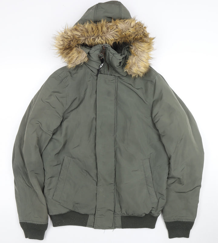 Pull & Bear Women's Green Faux Fur Hooded Puffer Jacket Size 10