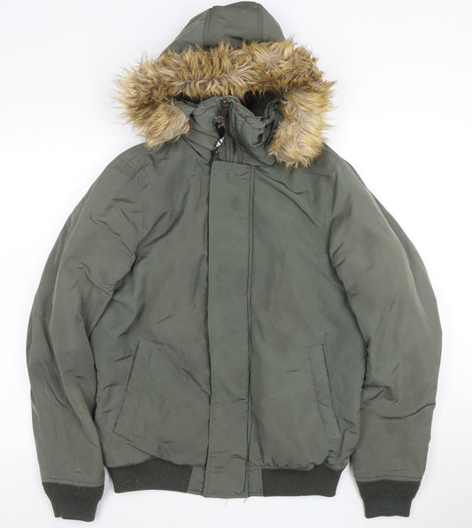 Pull & Bear Women's Green Faux Fur Hooded Puffer Jacket Size 10