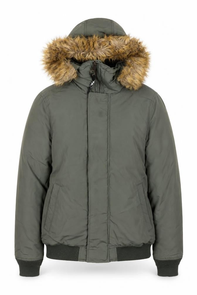Pull&Bear Women's Green Faux Fur Hooded Puffer Jacket Size 10