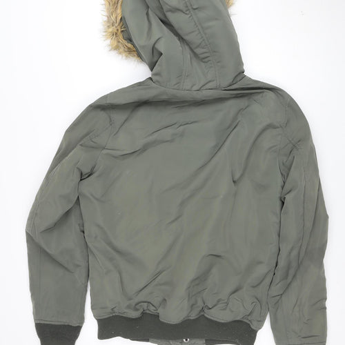 Pull & Bear Women's Green Faux Fur Hooded Puffer Jacket Size 10