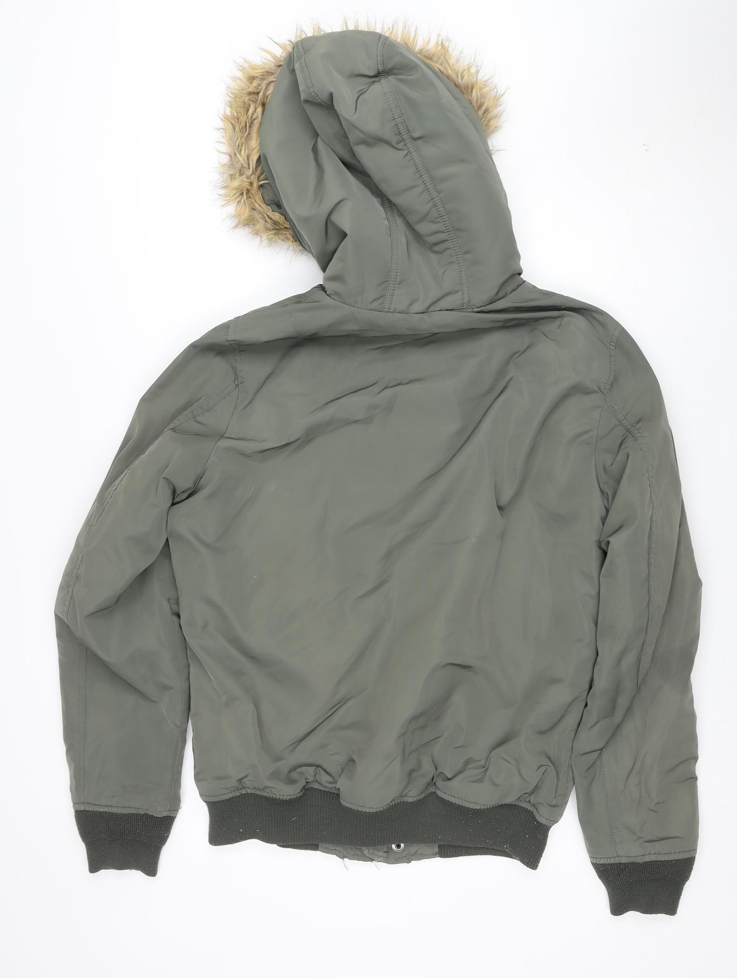 Pull & Bear Women's Green Faux Fur Hooded Puffer Jacket Size 10