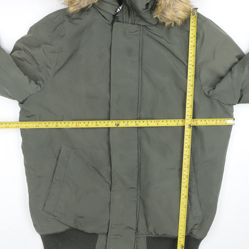 Pull & Bear Women's Green Faux Fur Hooded Puffer Jacket Size 10