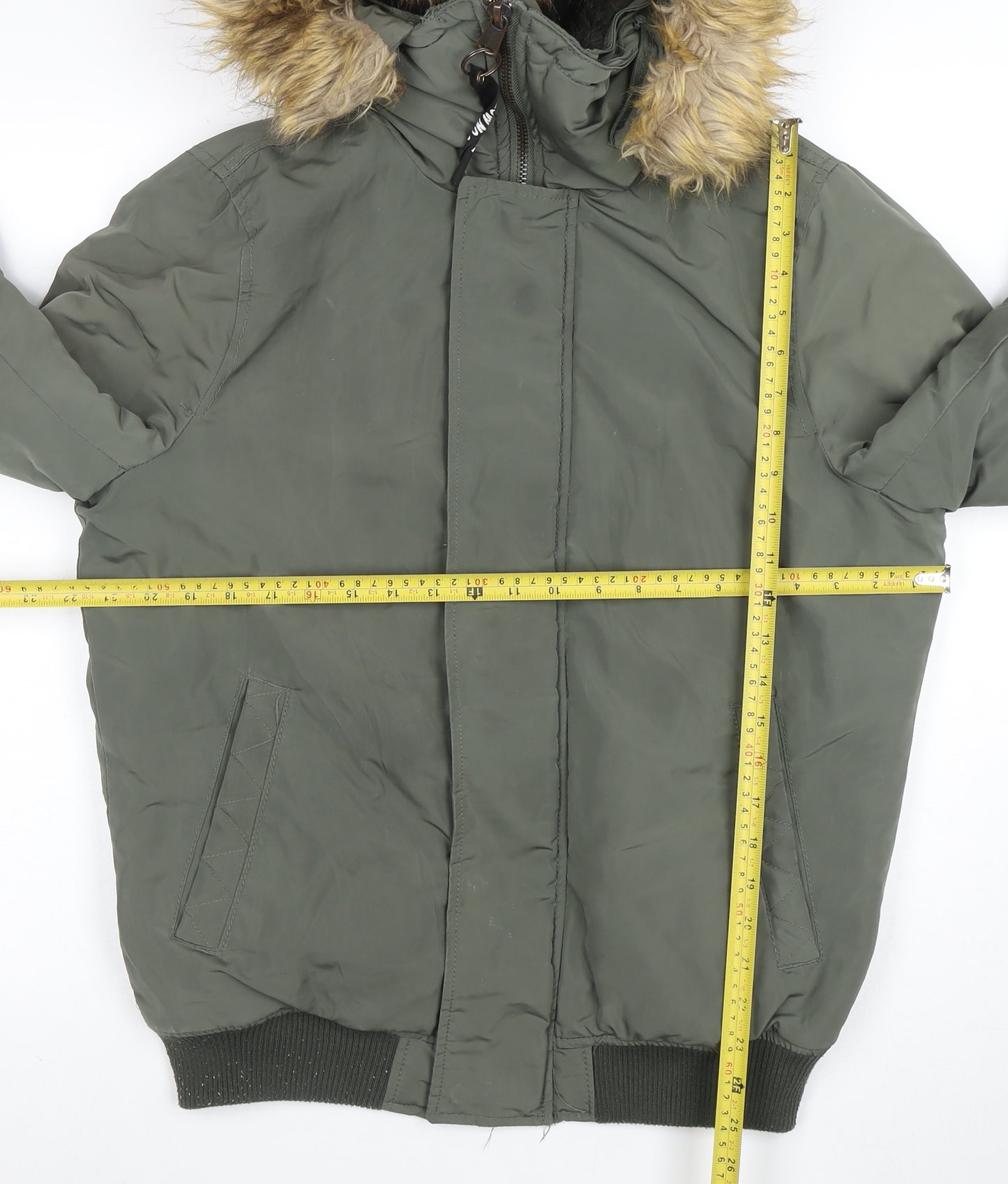 Pull & Bear Women's Green Faux Fur Hooded Puffer Jacket Size 10